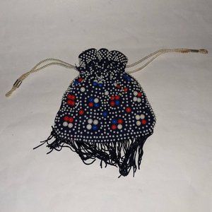 Blue Fabric, Beaded and Fringed Pouch, Fully Lined, Melanie Creations